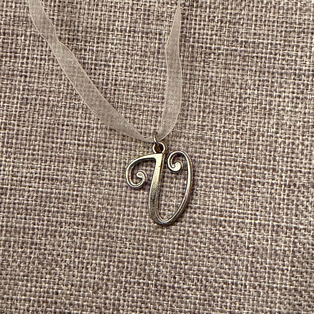 Silver Cursive Script Letter V Initial Charm Pendant & Ribbon Necklace | Initial - Picture 2 of 4